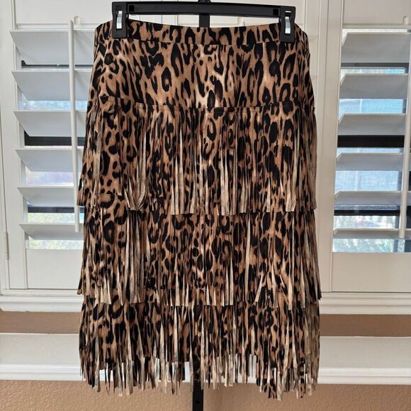 Chicos Size L Fringe Tassel Skirt Animal Print Brown Bachelorette Party Event - Picture 3 of 7
